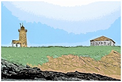 Libby Island Light on Rocky Hilltop in Fog -Digital Painting